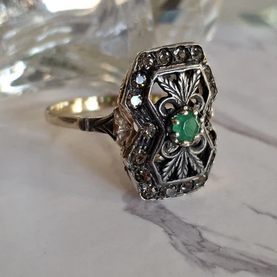 ANELLO SMERALDO ARGENTO 925 BRUNITO PLACCATO ORO GIALLO 18 KT  MISURA 23 - Immagine 1 di 4