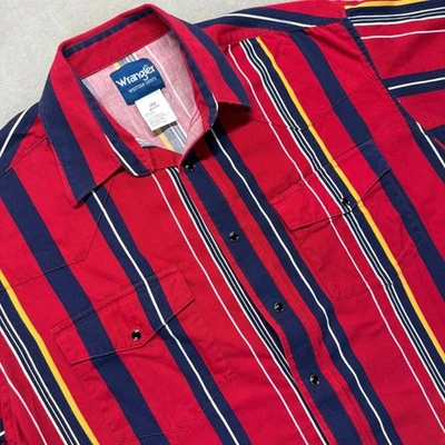 Vintage Wrangler Shirt Men's Large Red Western Shirts Black Pearl Snap Striped - Image 1 of 4