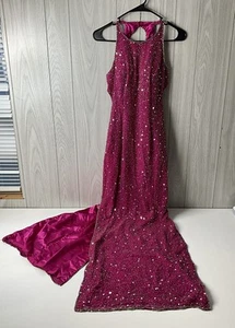 Y2K Scala Small Magenta Fuchsia Pink Beaded Halter Neckline Prom Dress Slits - Picture 1 of 17