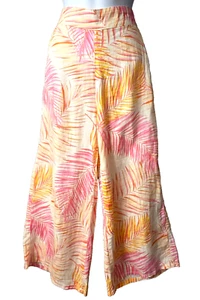 Tahari Linen Wide Leg Pants S Crop Elastic Waist POCKET Palm Floral Beach Cruise - Picture 1 of 7