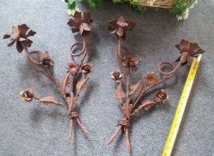Pair Vintage Italian Shabby Chic Tole Rusty Patina Metal Leaves Candle Sconces - Picture 1 of 11