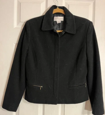 Chaqueta corta informal de esquina negra con cremallera frontal 80 % lana forrada para mujer 6 Foto 1 de 4