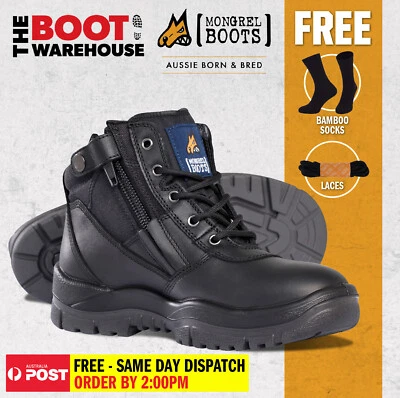 Mongrel 261020 Work Boots. Steel Toe Safety. Black, Zip-Sider. PRESS STUD CLIP!  - image 1 of 4