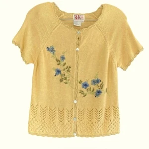 Vintage Cottagecore Embroidered Knit Short Sleeve Gold Floral Cardigan Womens 22 - Picture 1 of 11