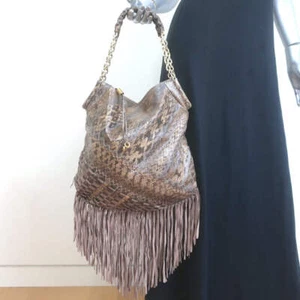 Jimmy Choo Tatum Fringed Elaphe Snakeskin Large Shoulder Bag Brown - Picture 1 of 14