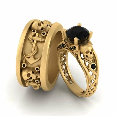 Gothic Skull Wedding Ring Band Set Anchor Pirates Matching Skull Couple Ring Set - Изображение 1 из 4