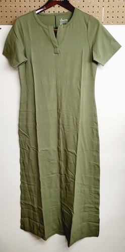 d&co Essentials Maxi Abito Donna Extra Lungo Maniche Corte OLIVA PROFONDA Taglia S