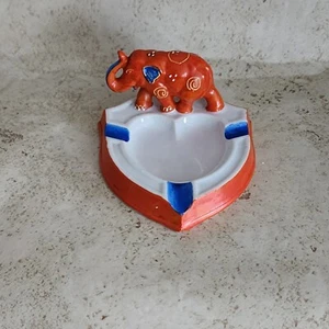 Vintage MCM Elephant Ashtray Made In Japan Hand Painted Orange Blue Gorgeous - Picture 1 of 19