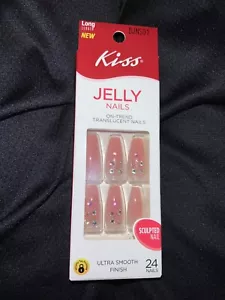 KISS NAILS GLUE ON Pink w/ Gems LONG LENGTH, COFFIN BALLERINA SHAPE - Afbeelding 1 van 7