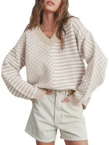 Womens V Neck Sweaters Oversized Checkered Striped Loose Pullover Tops Khaki - Picture 1 of 6