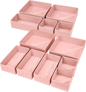 12 Pack Fabric Drawer Organizers -Foldable Storage Bins for Clothes & Socks,Pink - Picture 1 of 12