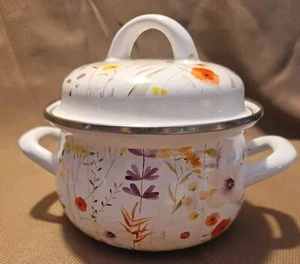 NWOT Crofton 1 Qt Enameled Steel Pot Floral with Lid Double Handles - Picture 1 of 5
