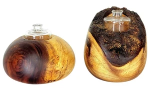 Vintage MCM KOA Wood Natural Edge Rustic Modernist Bud Vases Glass Insert Signed - Picture 1 of 14