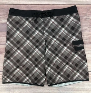 HAWK Tony Hawk Men's Large Swim Board Shorts Trunks Brown & White Plaid - Picture 1 of 11