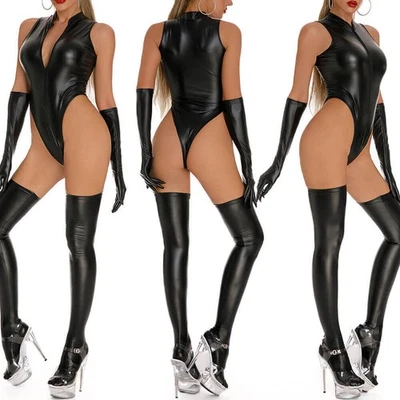 Women Faux Leather Thong Leotard Bodysuit Wetlook High Stockings Gloves Jumpsuit - image 1 of 4