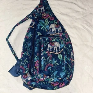 Vera Bradley Sling Backpack Bag Kerala Elephants Quilted Floral Blue Travel - Picture 1 of 9