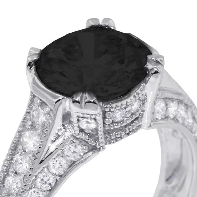 4.36ct Black Round Natural Certified Diamonds 14k  Vintage Style Side-Stone Ring - Image 1 of 4