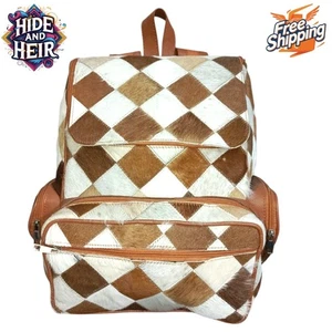 Handmade Cowhide Leather Backpack – Diamond Patchwork – Genuine Hair-On Hide Bag - Picture 1 of 8