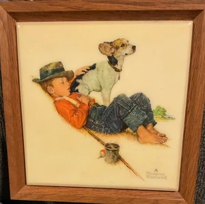 Vintage Norman Rockwell gerahmte Fliese "Boy & His Dog" Serie Stück gebraucht - Bild 1 von 3