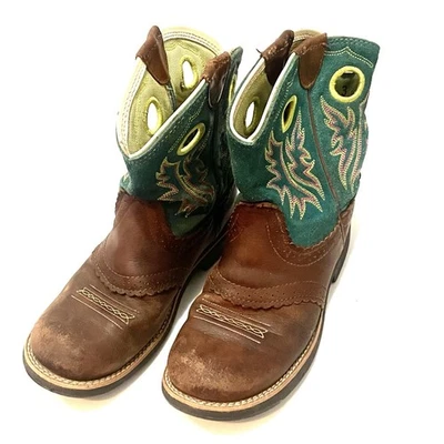 Ariat Big Girls Sz 3 Leather Western Cowgirl Boots Brown Green Emroidered CLEAN — 第 1/4 张图片