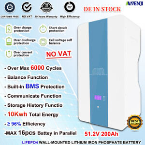 10kWh 51.2V 200Ah LiFePO4 Battery Wall Mount 48V BMS Energy Storage Solar 0%VAT