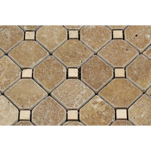 Noce Travertine Tumbled Octagon Mosaic Tile w/ Ivory Dots Sample - Picture 1 of 2