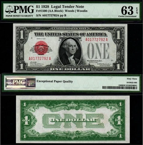 $1 1928 BEAUTIFUL PMG CHOICE UNC 63 EPQ Red Seal FUNNYBACK United States Note! Cover