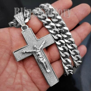 Men Hip Hop Silver PT Glittered Jesus Cross Pendant & 30" Cuban Chain Necklace - Picture 1 of 6
