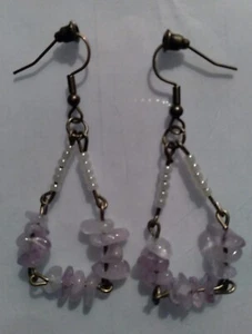 Handmade Dangle Amethyst Natural Gemstones Crystal Chip Stone Bead Earrings - Picture 1 of 1