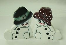Vintage Lot of Two Snowman Figures Christmas Folk Art Wood Hand Painted Signed