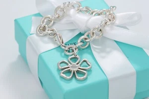 Tiffany & Co. RARE Sterling Silver Nature Open Flower Charm 7.5" Bracelet - Picture 1 of 6