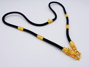 Dragon Rope Black Necklace & Gold Sukhothai Style Thai Baht Yellow Gold GP 26"