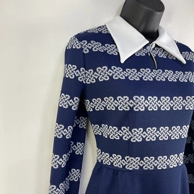 Vintage 70's Maxi Dress Puritan Forever Young Long Sleeve Blue White Knit S - Image 1 of 4