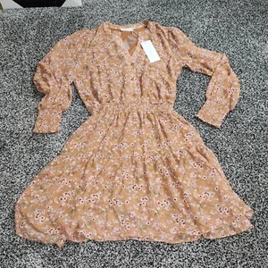 Lush Floral Dress Long Sleeve, V Neck, Button Front, Sheer Sleeve, Brown Women S - Picture 1 of 13