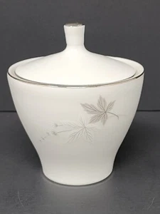 Mikasa Silver Maple Sugar Bowl with Lid White China Gray Leaves - Picture 1 of 6
