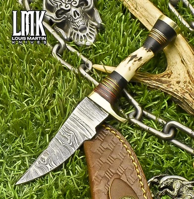 LMK Artículo Caliente Caza Skinner Cuchillo Torcido Damasco Ciervo Cuerno Pesca Miniatura Foto 1 de 4