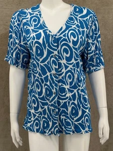 Coral Bay Top Women 1X Blue White Abstract Button Up V-Neck Office Travel Summer - Picture 1 of 10