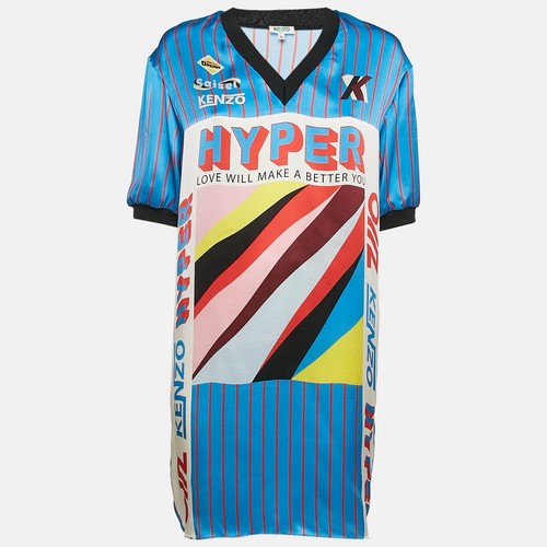 Abito Kenzo blu iper righe stampa raso seta scollo a V cambio XS