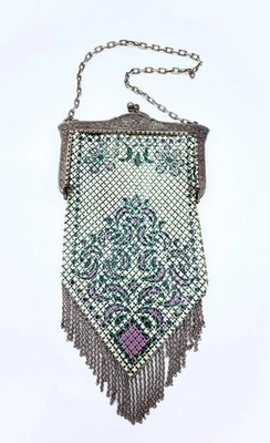 Cartera Mandalian Antigua Art Deco Turquesa y Rosa Malla Esmaltada Marco Tono Plateado Foto 1 de 4