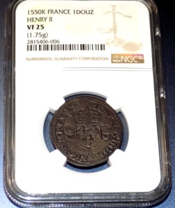 1550 Henry II France Silver Douzan NGC VF25 Fleur De Lis 1 Douzain French Coin - Picture 1 of 4