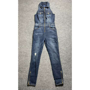 Vintage Guess Womens Jumpsuit Blue Denim Zip Front Collared Sleeveless Pockets 2