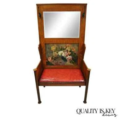 Antique Arts & Crafts Mission Oak Hand Painted Hall Bench Coat Rack w/ Mirror - Image 1 of 4