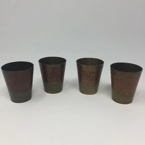 Set Of 4 Vintage Brass Metal Etched & Painted Floral Cups Shot Glasses Nesting - Picture 1 of 8