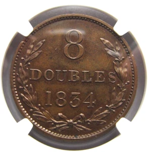 Guernsey KM3 8 Doubles 1834 NGC PF 63 BN.  Rare in proof ! - Picture 1 of 3