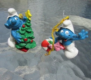 Smurfs PVC Figure Riding Candy Cane Holding Christmas Tree Ornaments 1981 Rare - Picture 1 of 12