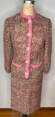 VTG 60'S MOD PINK CHUNKY KNIT WOOL BOUCLE JACKET&PENCIL SKIRT SUIT SET*XS/S - Image 1 of 4