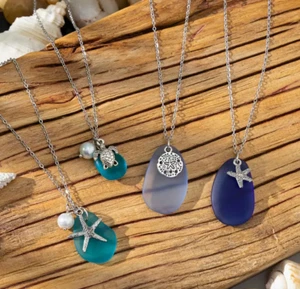 🌊Precioso collar de océano con perlas de agua dulce y vidrio marino azul aguamarina/azul ✨ - Imagen 1 de 6