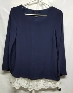 NWT AB Studio Womens Dress Shirt Navy Silky Blouse Top White Lace Size M  - Picture 1 of 12