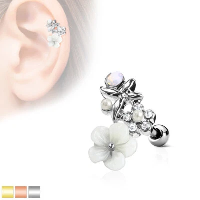  Pendiente con barra de cartílago tragus hélice acero quirúrgico IP oro circonita cúbica y flor Foto 1 de 4