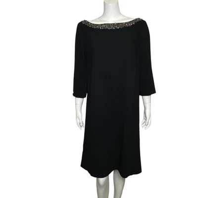 Lafayette 148 Shift Dress Size 16 Beaded Neckline Black 3/4 Sleeve Fully Lined - Image 1 of 4